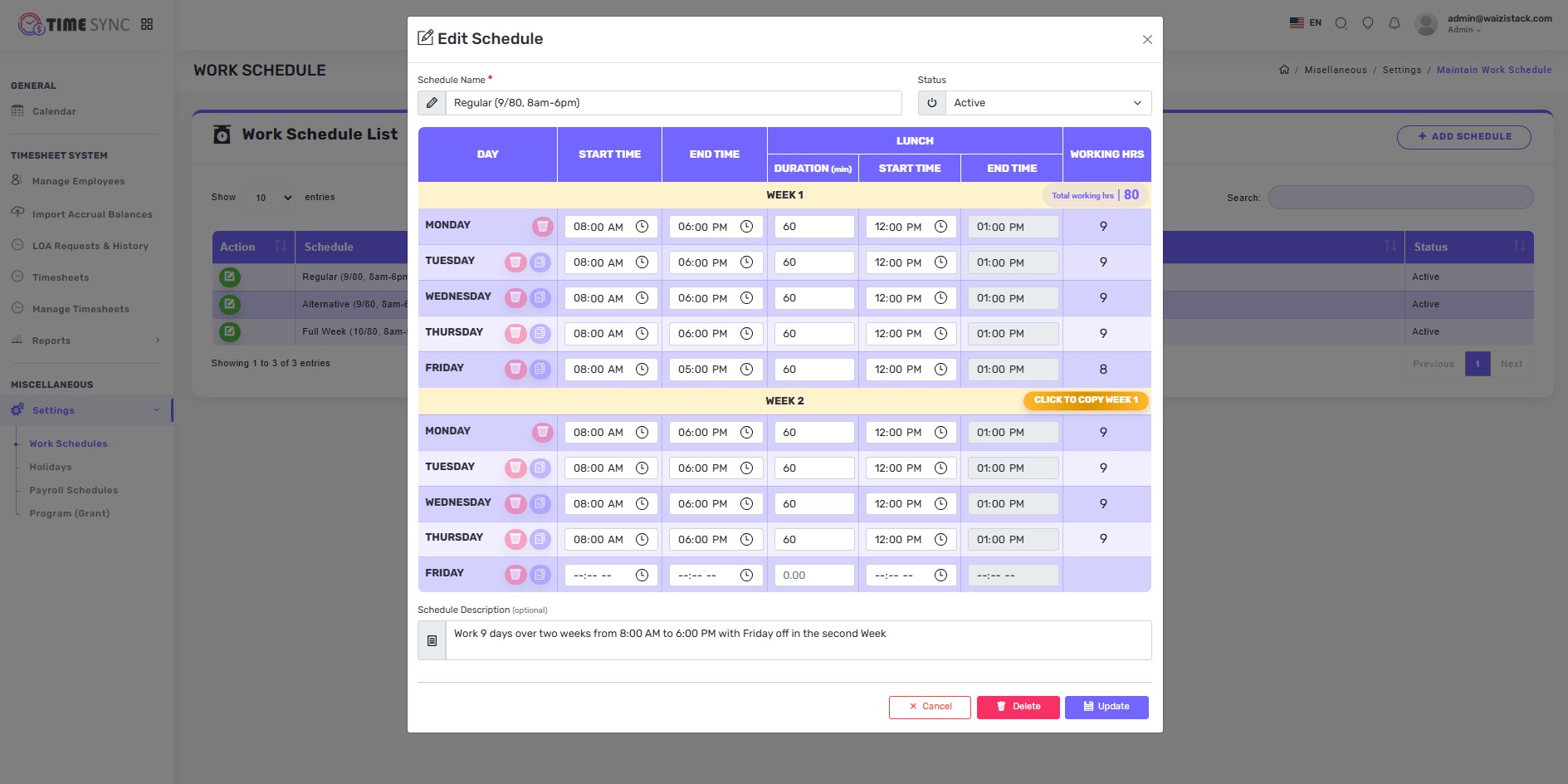 add or edit work schedule
